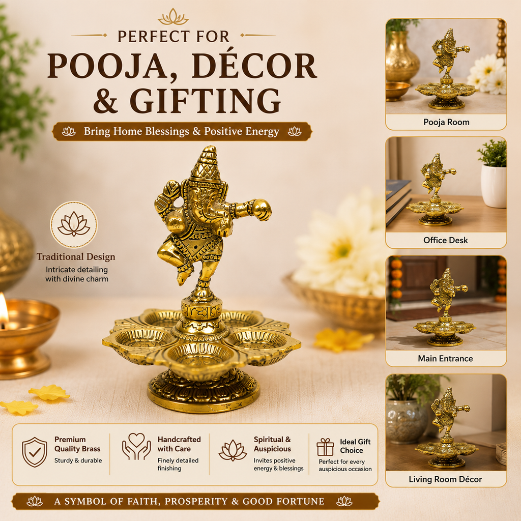 HindCraft Brass Dancing Ganesha Diya with 5 Oil Lamps | Traditional Brass Deepam for Home Temple, Pooja Room & Festive Décor