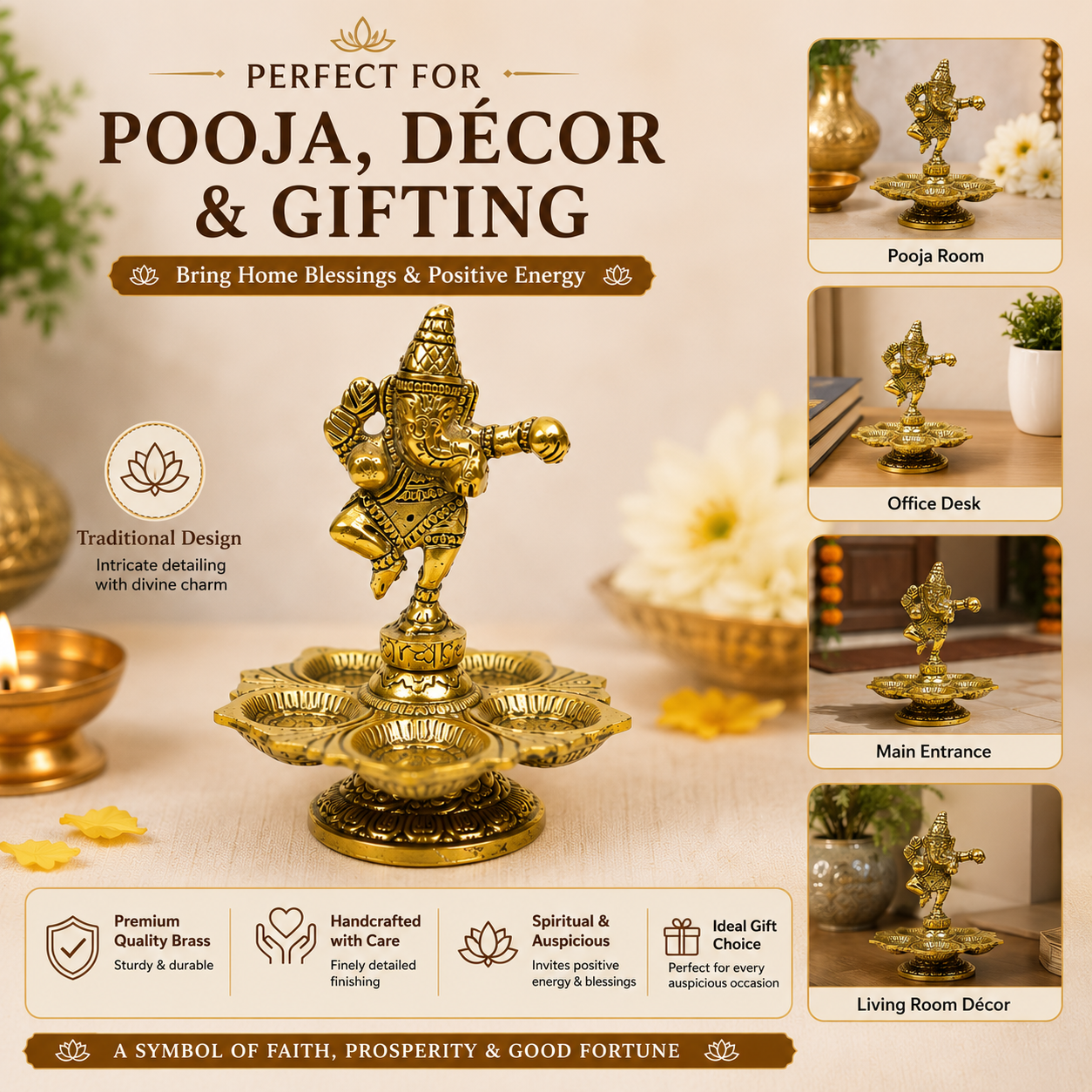 HindCraft Brass Dancing Ganesha Diya with 5 Oil Lamps | Traditional Brass Deepam for Home Temple, Pooja Room & Festive Décor