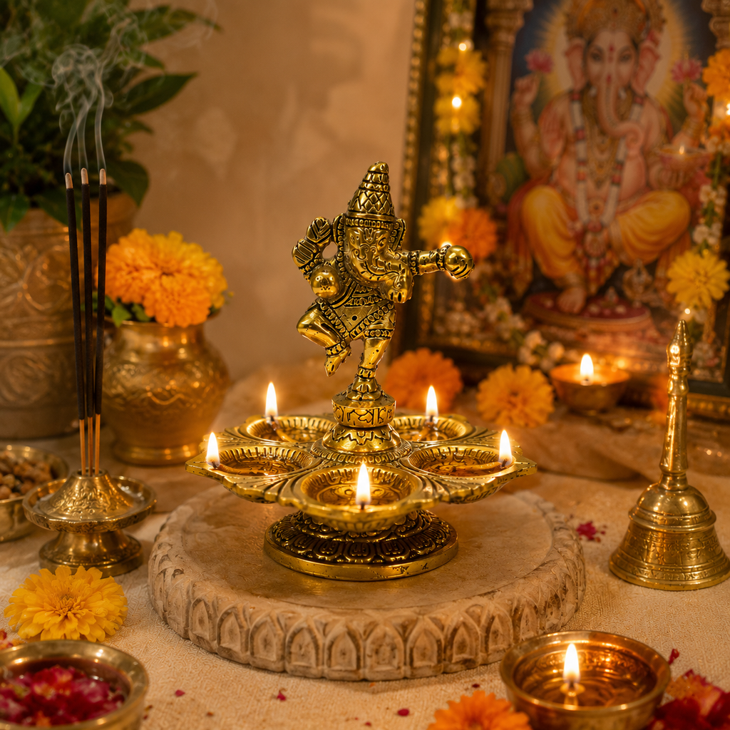 HindCraft Brass Dancing Ganesha Diya with 5 Oil Lamps | Traditional Brass Deepam for Home Temple, Pooja Room & Festive Décor