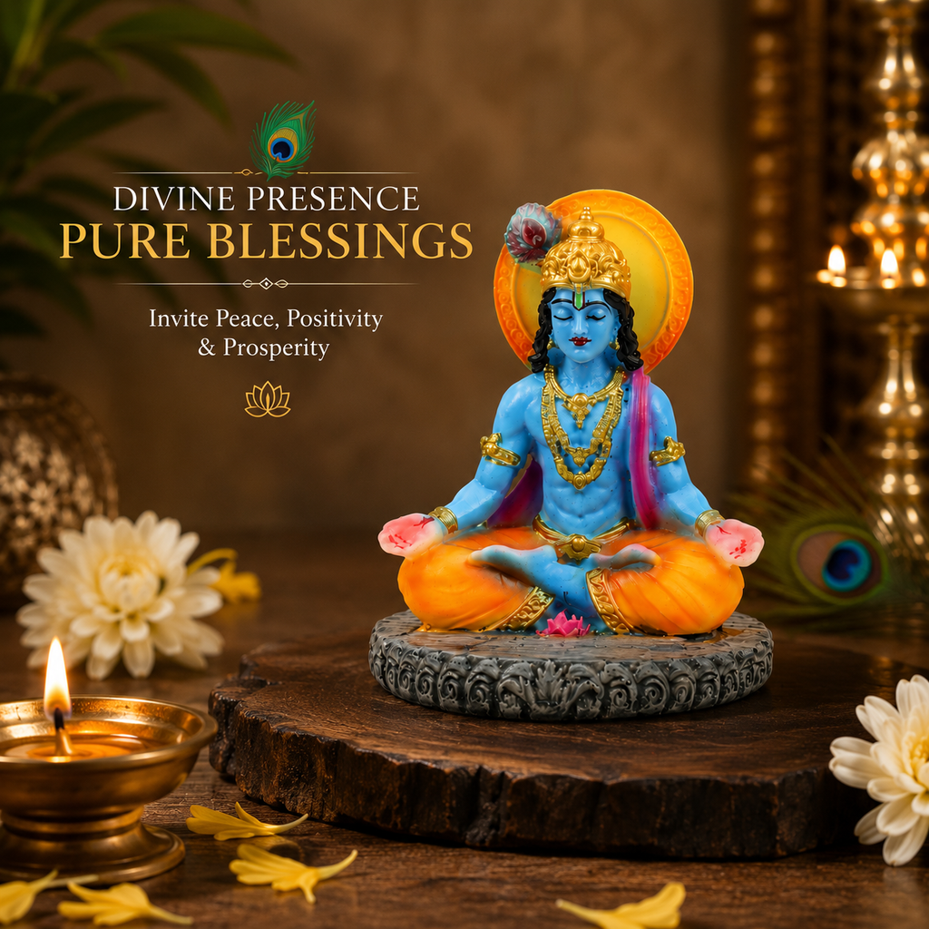 HindCraft Meditating Lord Krishna Idol with Flute for Home Temple, Meditation Room & Spiritual Décor