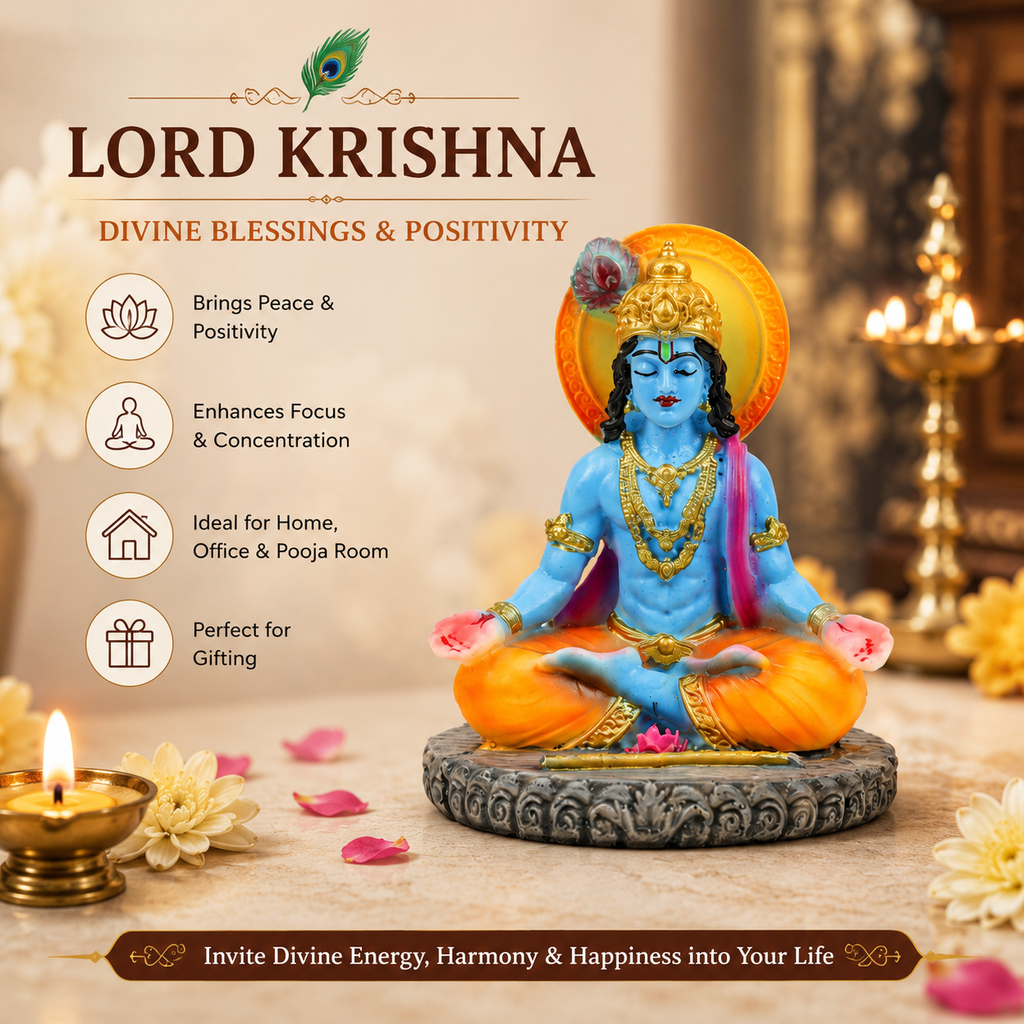 HindCraft Meditating Lord Krishna Idol with Flute for Home Temple, Meditation Room & Spiritual Décor