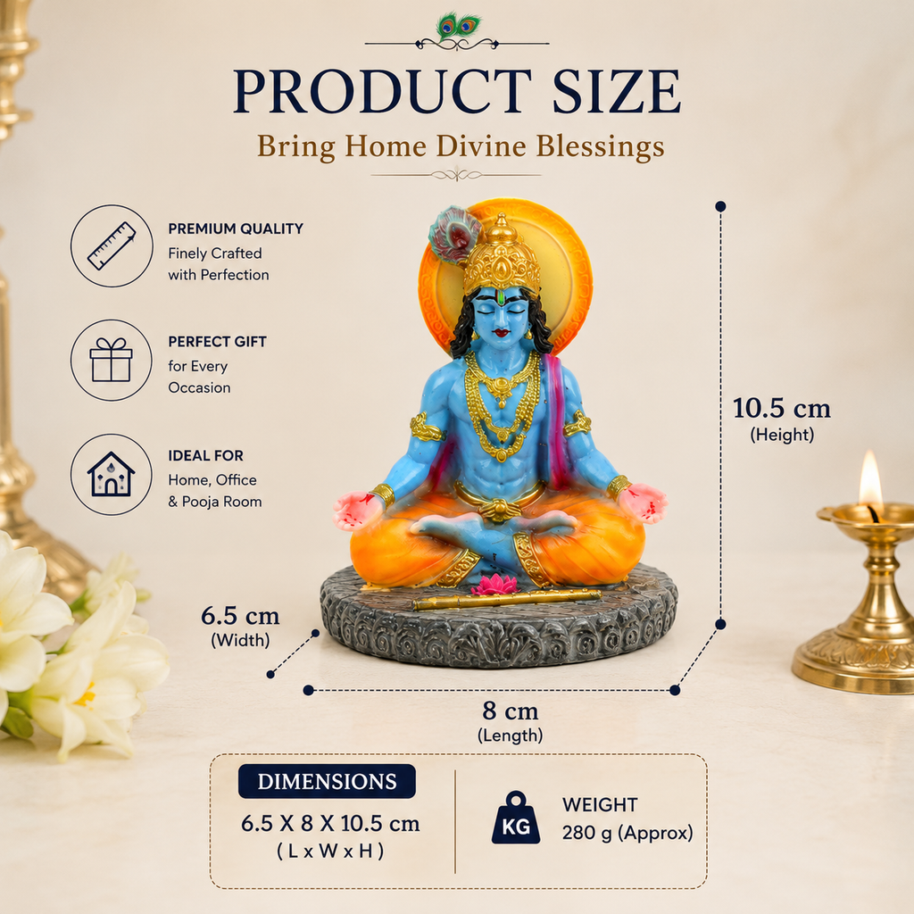 HindCraft Meditating Lord Krishna Idol with Flute for Home Temple, Meditation Room & Spiritual Décor