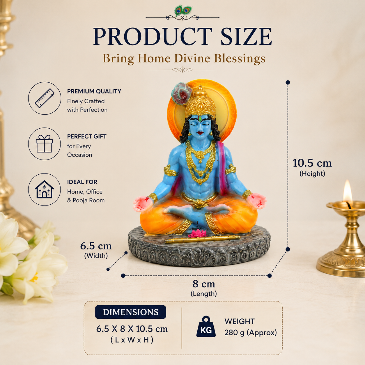 HindCraft Meditating Lord Krishna Idol with Flute for Home Temple, Meditation Room & Spiritual Décor