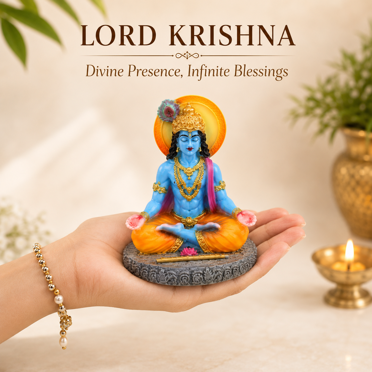 HindCraft Meditating Lord Krishna Idol with Flute for Home Temple, Meditation Room & Spiritual Décor