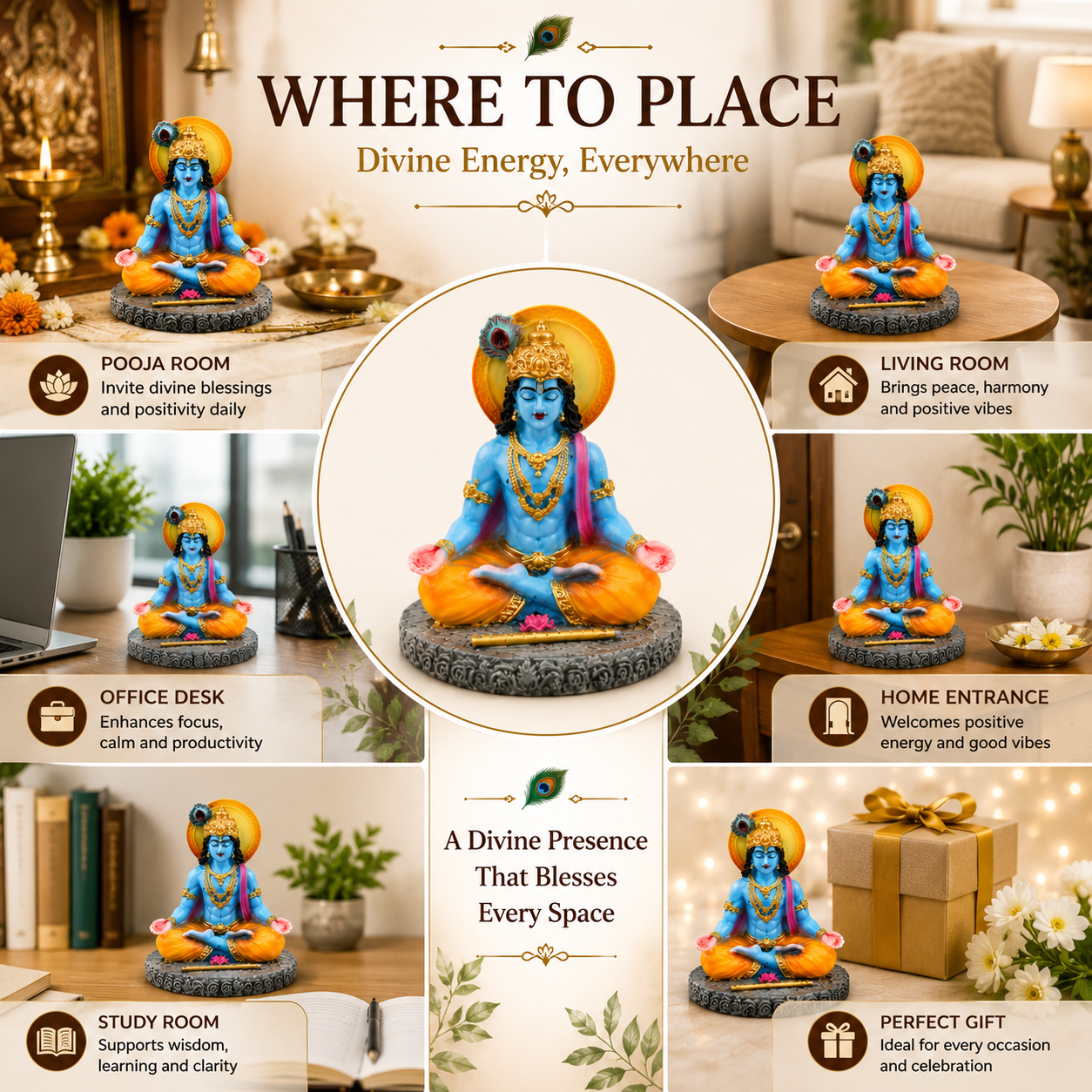 HindCraft Meditating Lord Krishna Idol with Flute for Home Temple, Meditation Room & Spiritual Décor