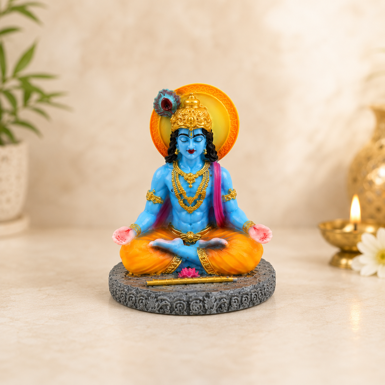 HindCraft Meditating Lord Krishna Idol with Flute for Home Temple, Meditation Room & Spiritual Décor