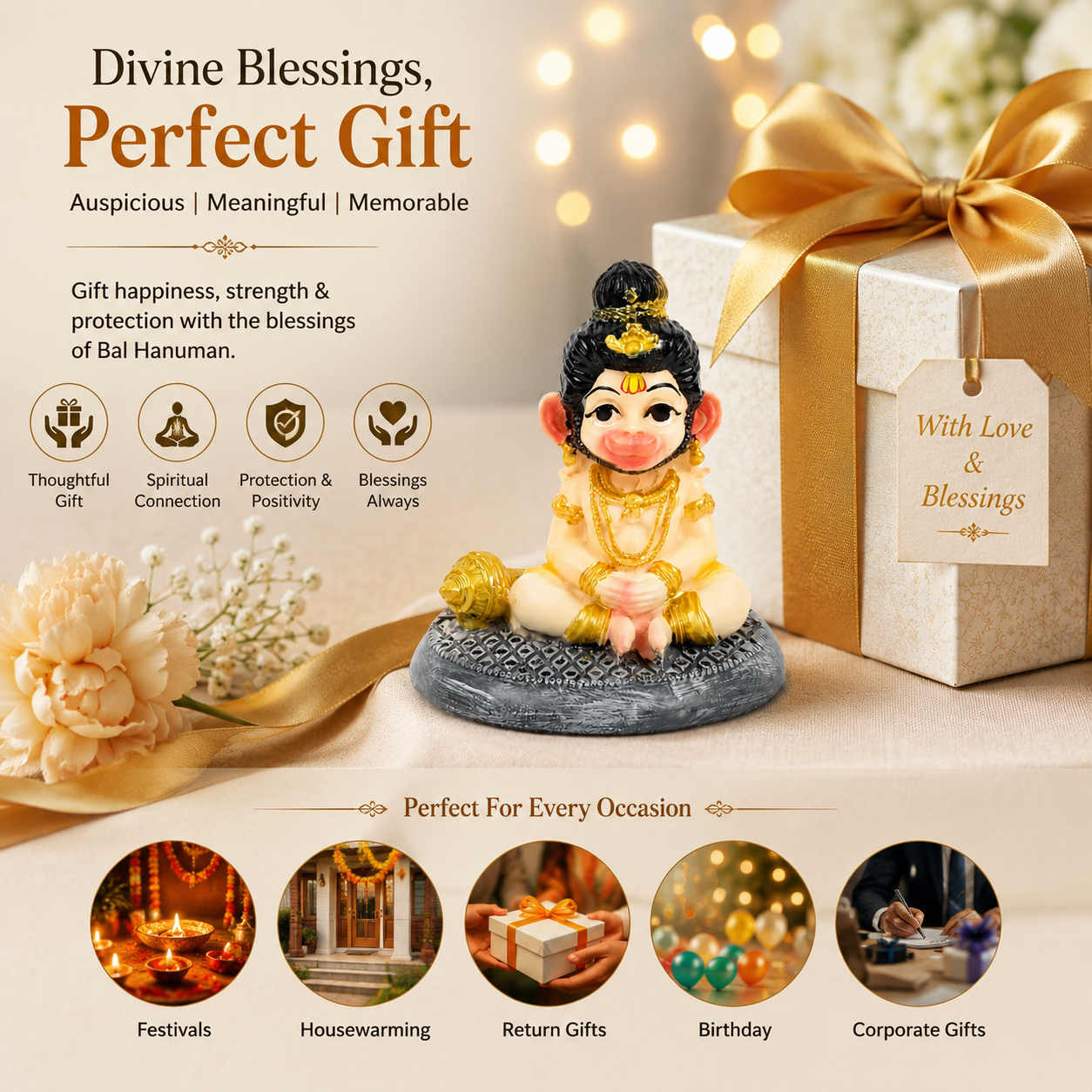 HindCraft Bal Hanuman Idol with Gada for Home Temple, Car Dashboard & Spiritual Décor