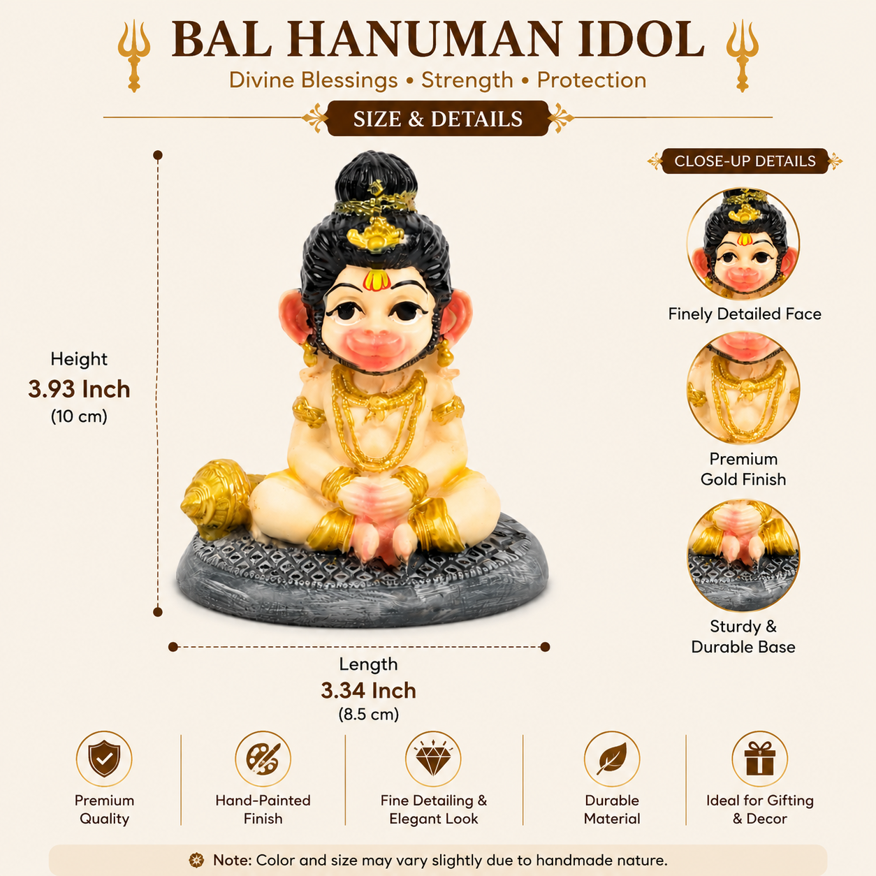 HindCraft Bal Hanuman Idol with Gada for Home Temple, Car Dashboard & Spiritual Décor