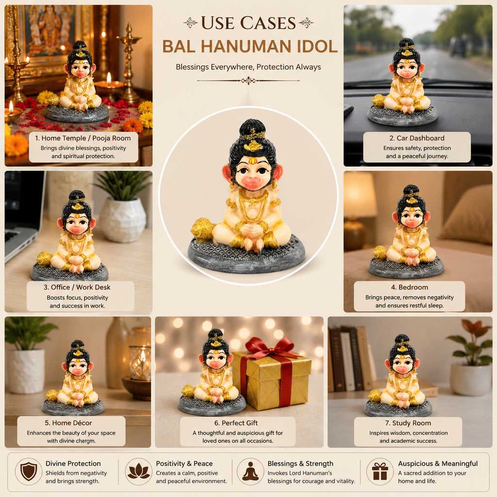HindCraft Bal Hanuman Idol with Gada for Home Temple, Car Dashboard & Spiritual Décor