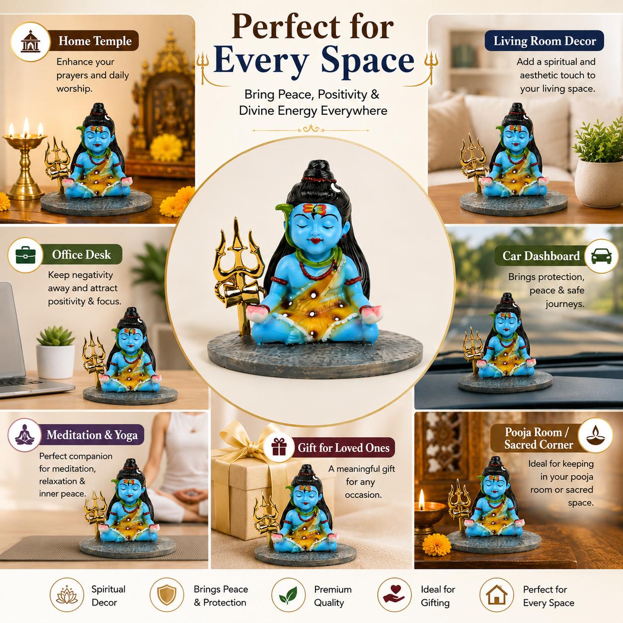 HindCraft Meditating Lord Shiva Idol with Trishul for Home Temple, Office Desk & Spiritual Decor