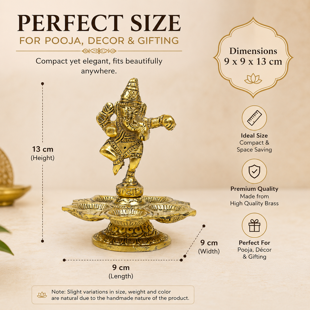HindCraft Brass Dancing Ganesha Diya with 5 Oil Lamps | Traditional Brass Deepam for Home Temple, Pooja Room & Festive Décor