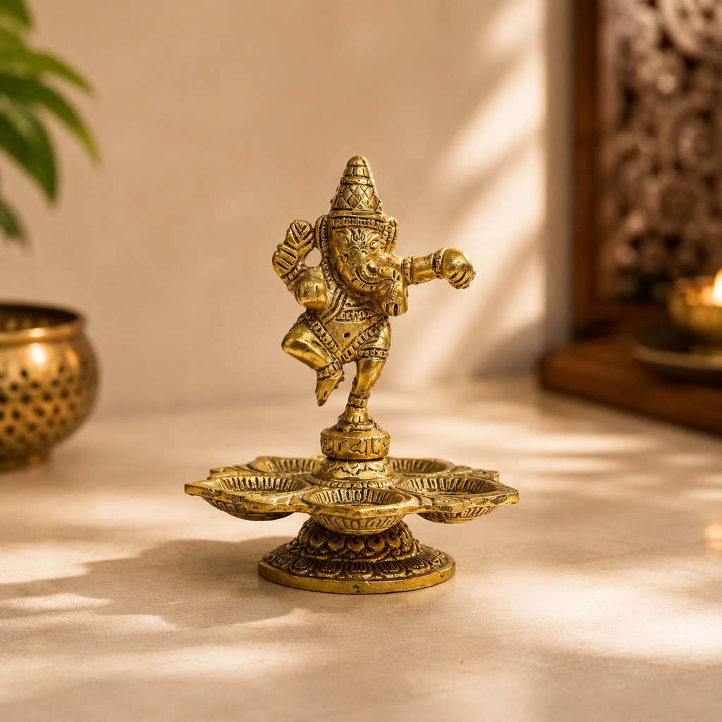 HindCraft Brass Dancing Ganesha Diya with 5 Oil Lamps | Traditional Brass Deepam for Home Temple, Pooja Room & Festive Décor