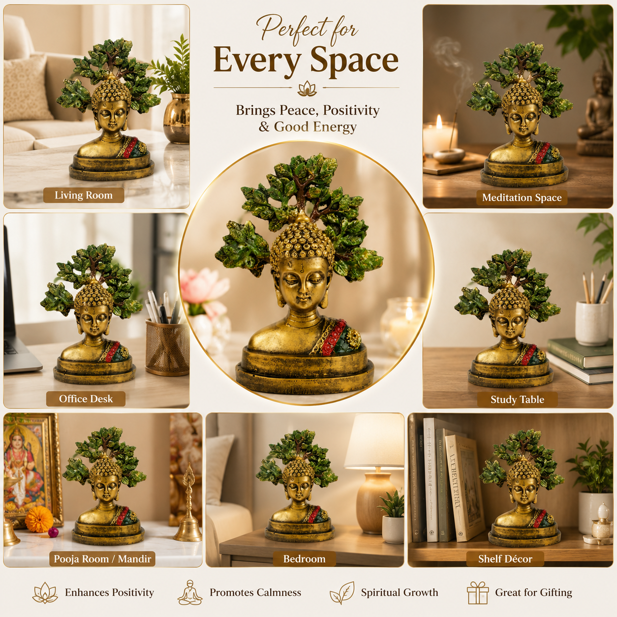 HindCraft Meditating Buddha Head Showpiece with Bodhi Tree | Spiritual Buddha Statue for Home, Office & Meditation Decor