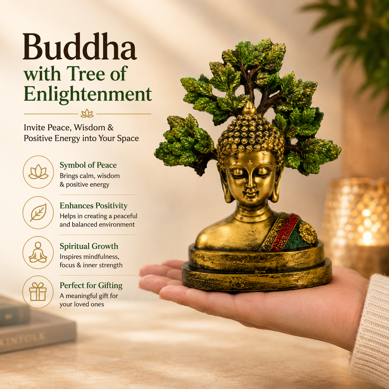 HindCraft Meditating Buddha Head Showpiece with Bodhi Tree | Spiritual Buddha Statue for Home, Office & Meditation Decor