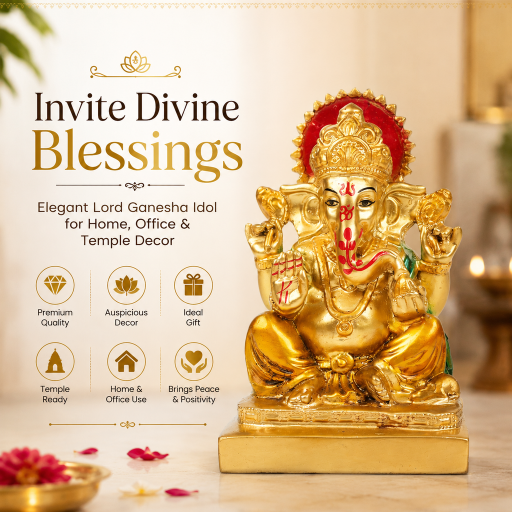 HindCraft Lord Ganesha Idol Showpiece | Golden Ganpati Murti for Home Temple, Office Desk & Car Dashboard