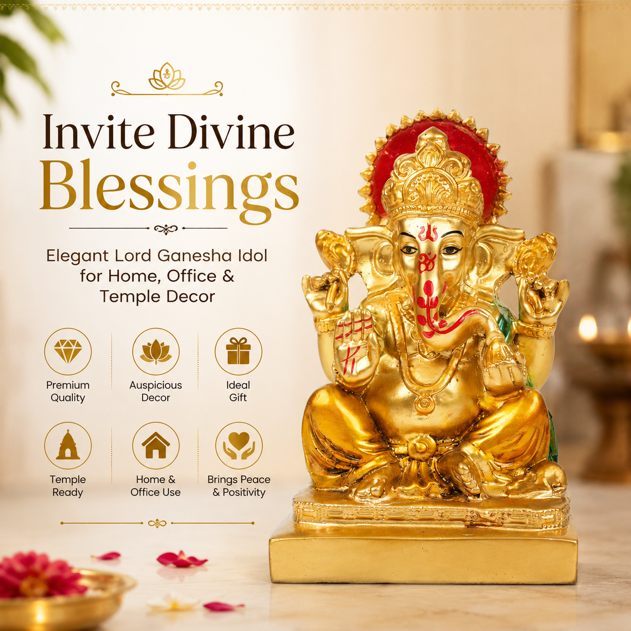 HindCraft Lord Ganesha Idol Showpiece | Golden Ganpati Murti for Home Temple, Office Desk & Car Dashboard