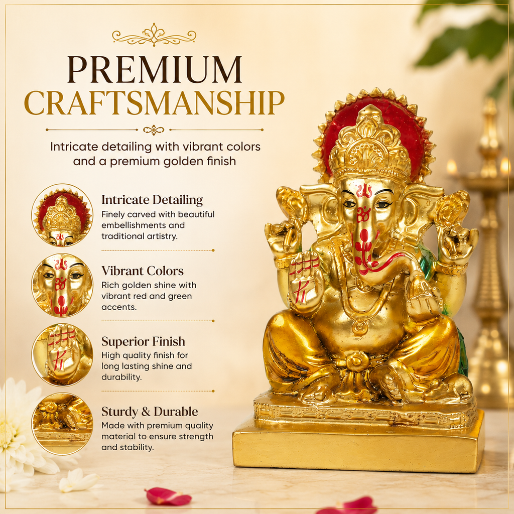 HindCraft Lord Ganesha Idol Showpiece | Golden Ganpati Murti for Home Temple, Office Desk & Car Dashboard