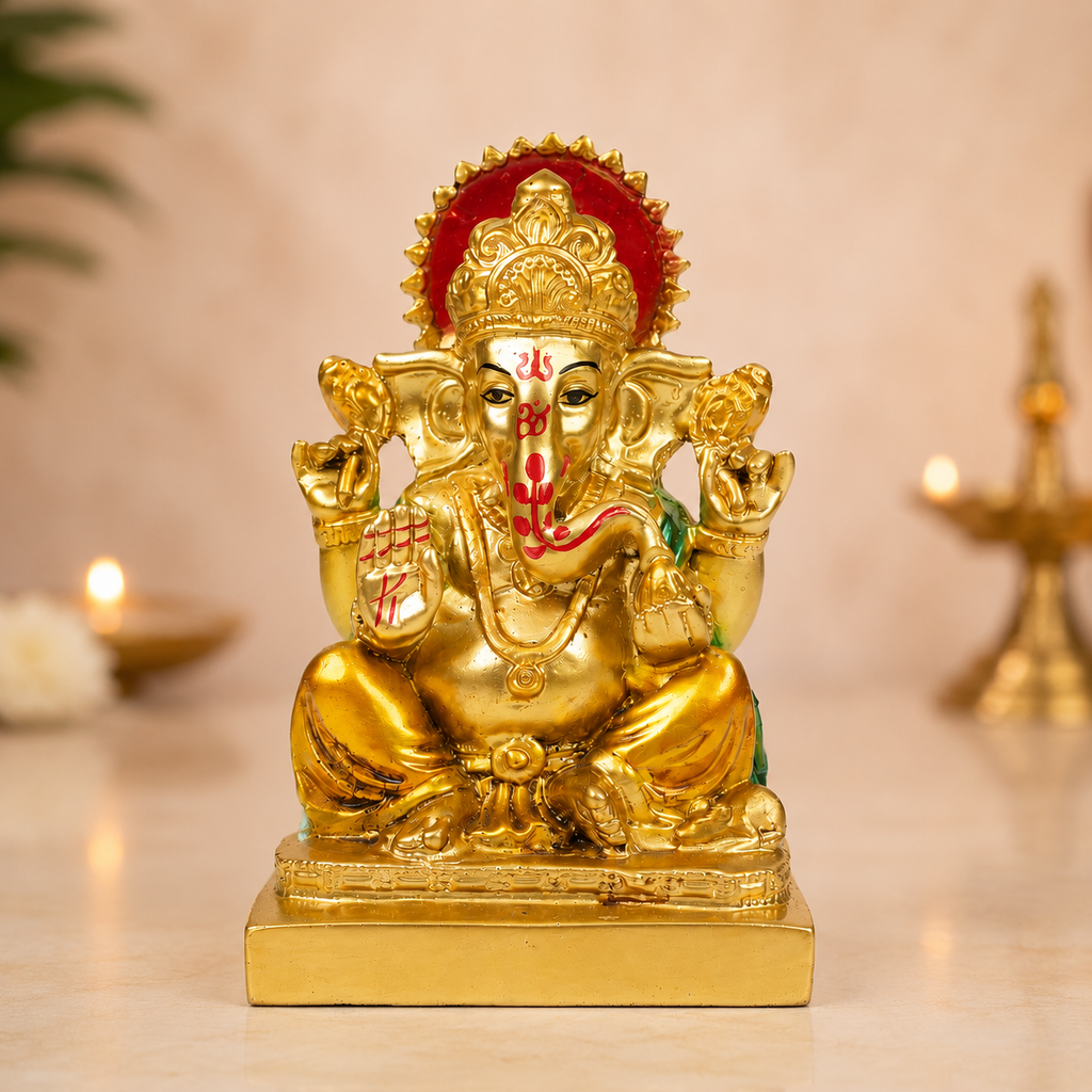 HindCraft Lord Ganesha Idol Showpiece | Golden Ganpati Murti for Home Temple, Office Desk & Car Dashboard