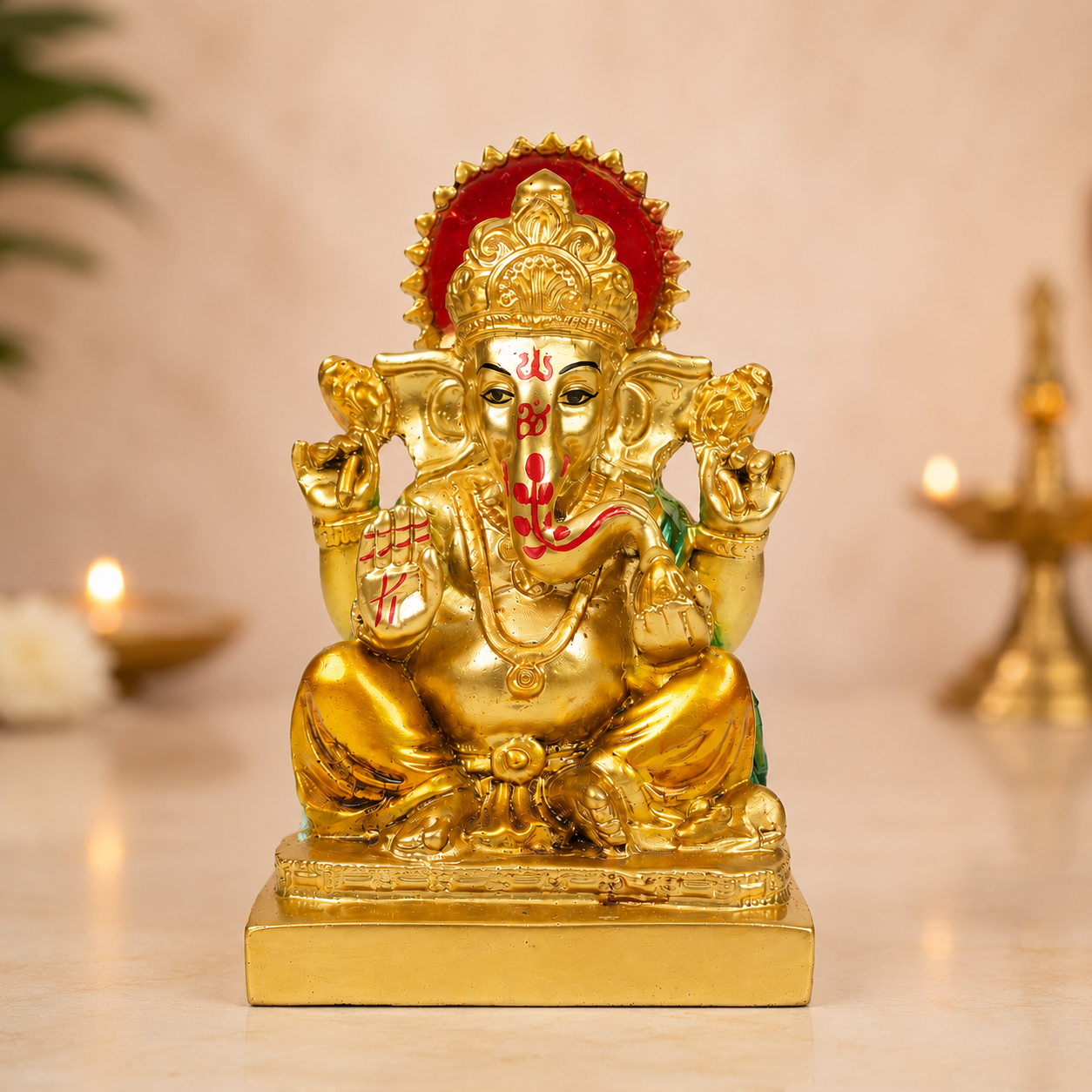 HindCraft Lord Ganesha Idol Showpiece | Golden Ganpati Murti for Home Temple, Office Desk & Car Dashboard