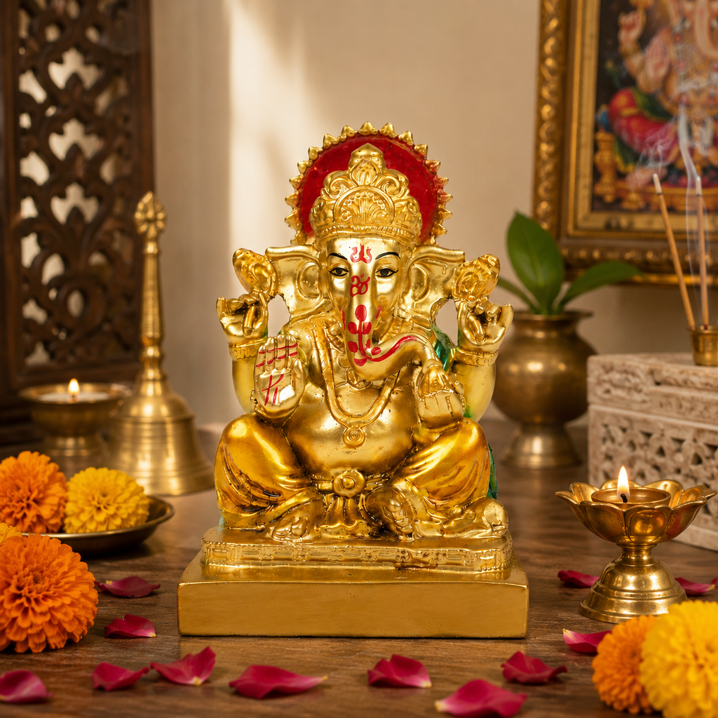 HindCraft Lord Ganesha Idol Showpiece | Golden Ganpati Murti for Home Temple, Office Desk & Car Dashboard