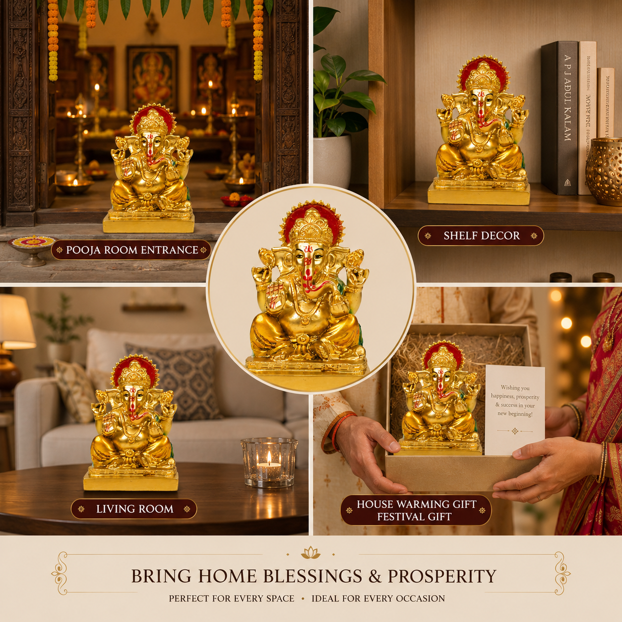HindCraft Lord Ganesha Idol Showpiece | Golden Ganpati Murti for Home Temple, Office Desk & Car Dashboard