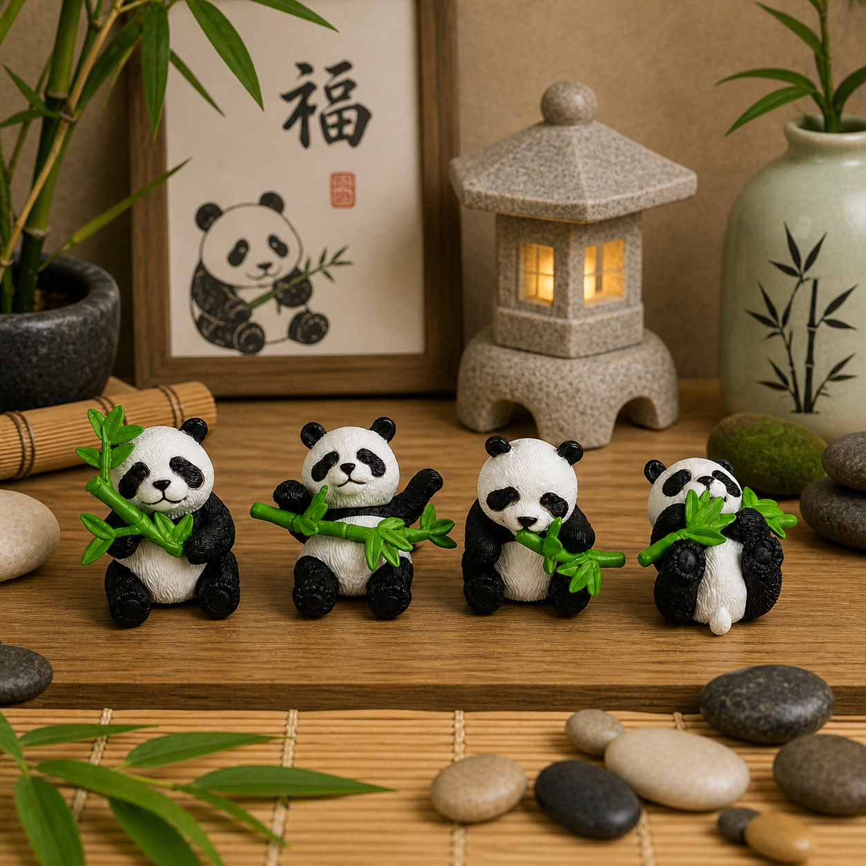 HindCraft Cute Panda Mini Showpiece Set of 4 | Panda Figurines for Home Decor, Desk, Car Dashboard & Gifting