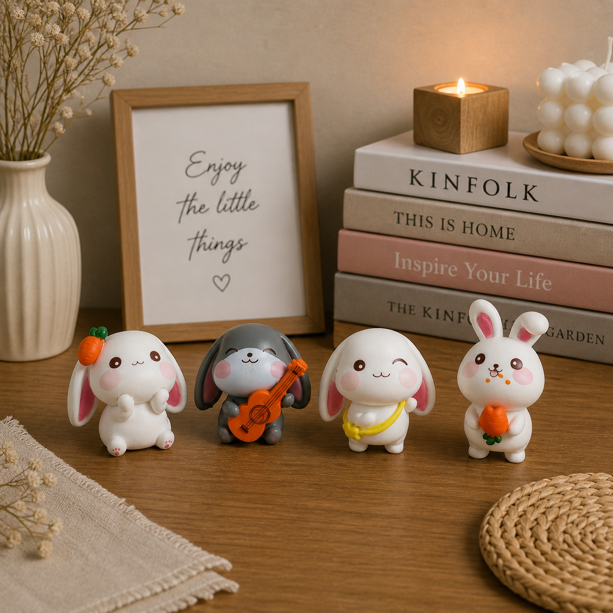 HindCraft Cute Bunny Mini Showpiece Set of 4 | Rabbit Figurines for Home Decor, Desk, Car Dashboard & Gifting