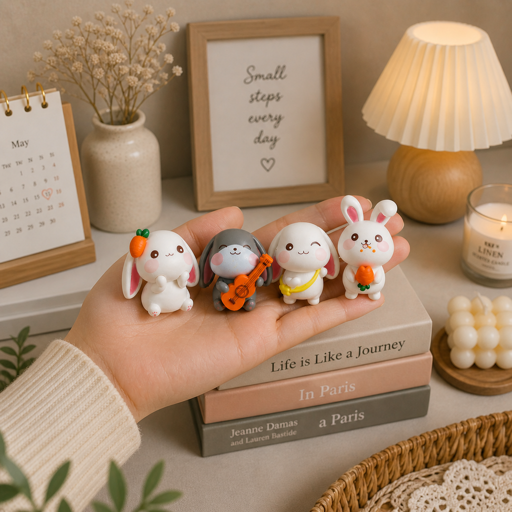HindCraft Cute Bunny Mini Showpiece Set of 4 | Rabbit Figurines for Home Decor, Desk, Car Dashboard & Gifting