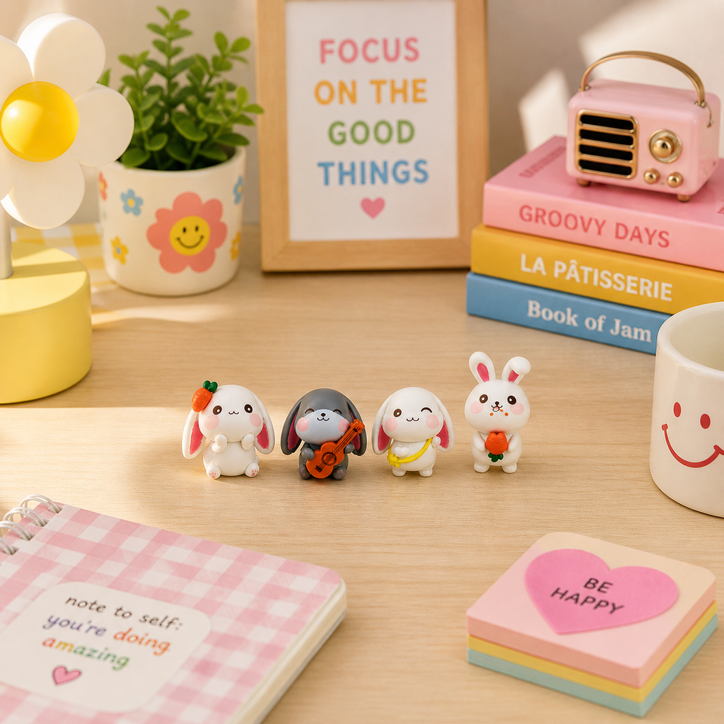 HindCraft Cute Bunny Mini Showpiece Set of 4 | Rabbit Figurines for Home Decor, Desk, Car Dashboard & Gifting
