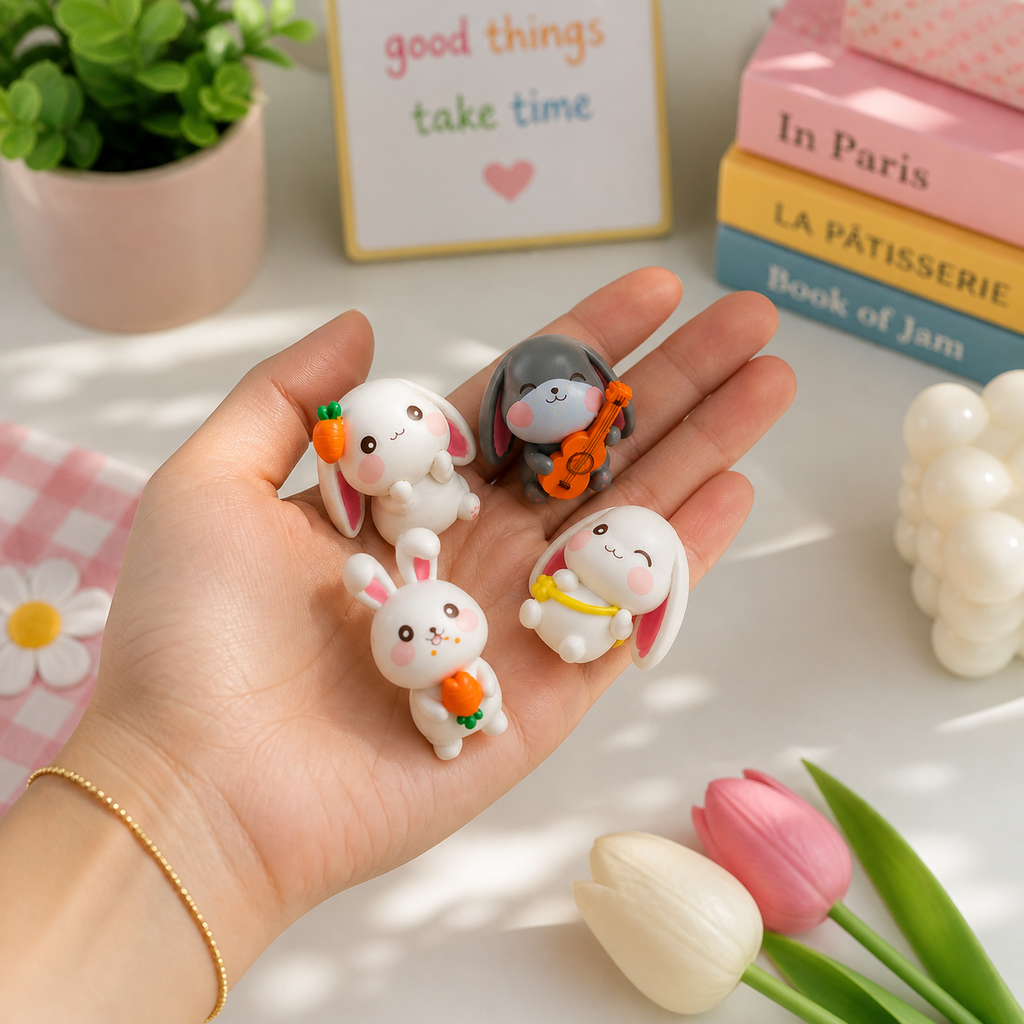 HindCraft Cute Bunny Mini Showpiece Set of 4 | Rabbit Figurines for Home Decor, Desk, Car Dashboard & Gifting