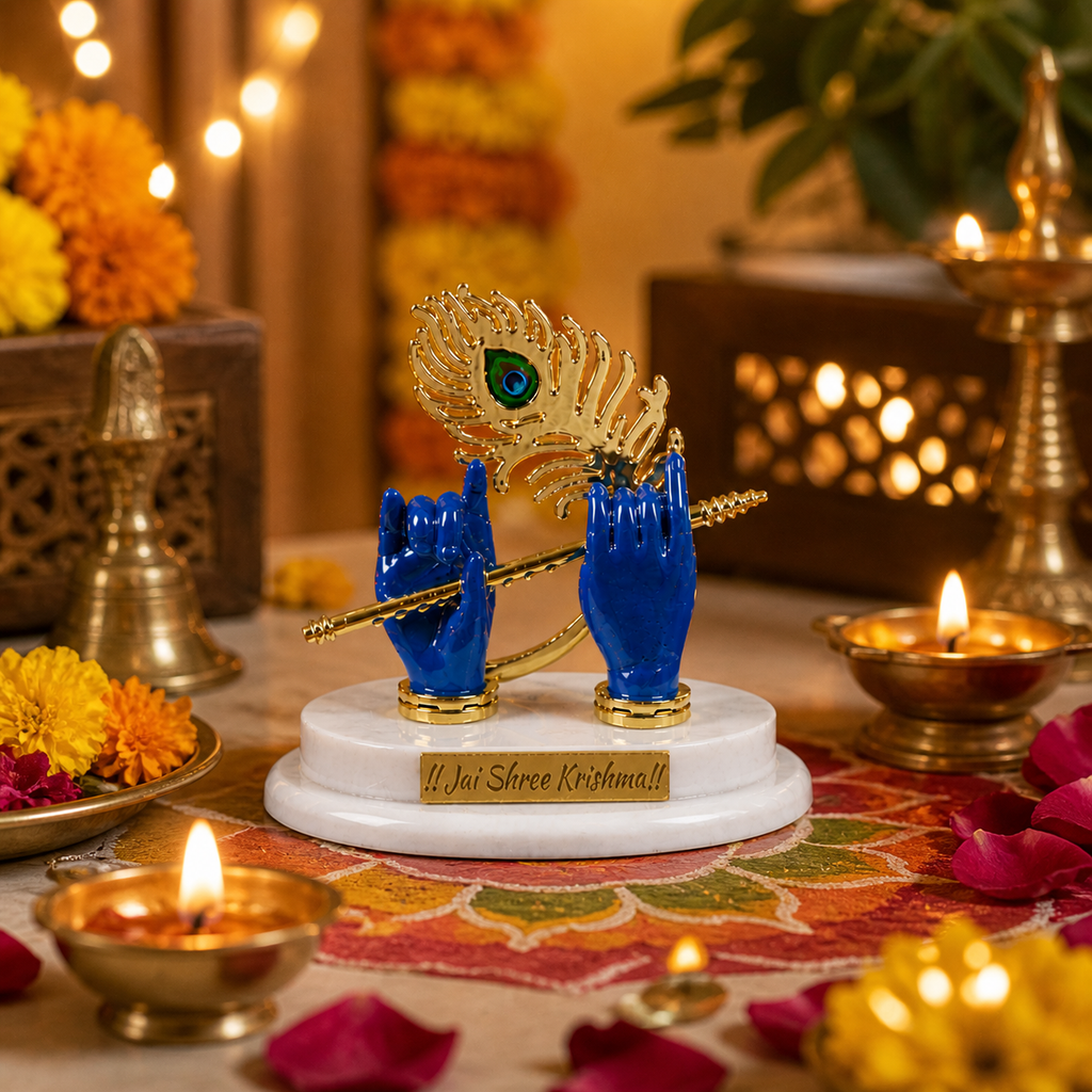 HindCraft Krishna Flute Idol Decor with Peacock Feather Showcase