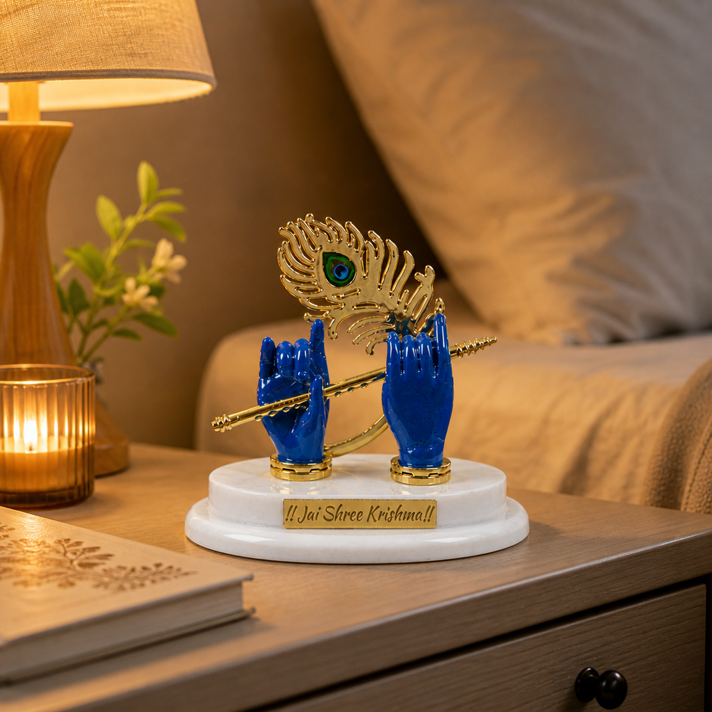 HindCraft Krishna Flute Idol Decor with Peacock Feather Showcase