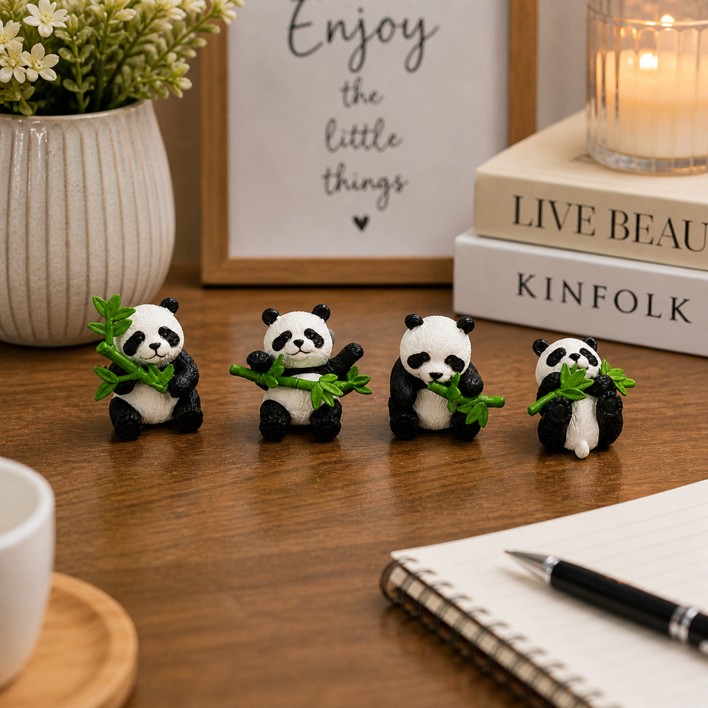 HindCraft Cute Panda Mini Showpiece Set of 4 | Panda Figurines for Home Decor, Desk, Car Dashboard & Gifting
