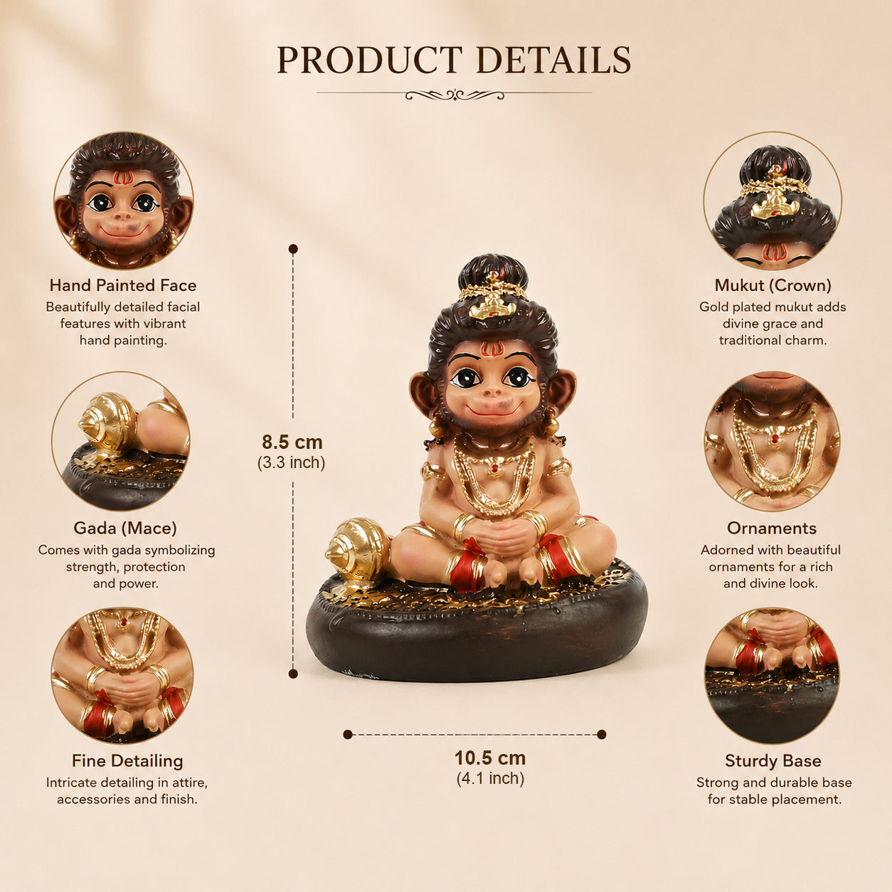 HindCraft Bal Hanuman Car Dashboard Idol with Gada | Cute Baby Hanuman Resin Showpiece for Home, Office & Temple