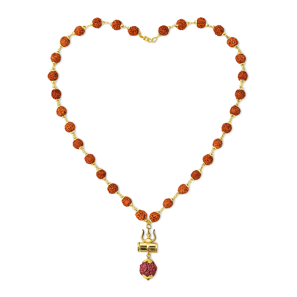 HindCraft Rudraksha Bead Neck Mala with Shiv Damru & Trishul Pendant for Men & Women