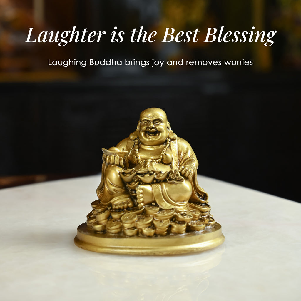 HindCraft Golden Laughing Buddha Idol with Wealth Pot for Home, Office & Table Décor