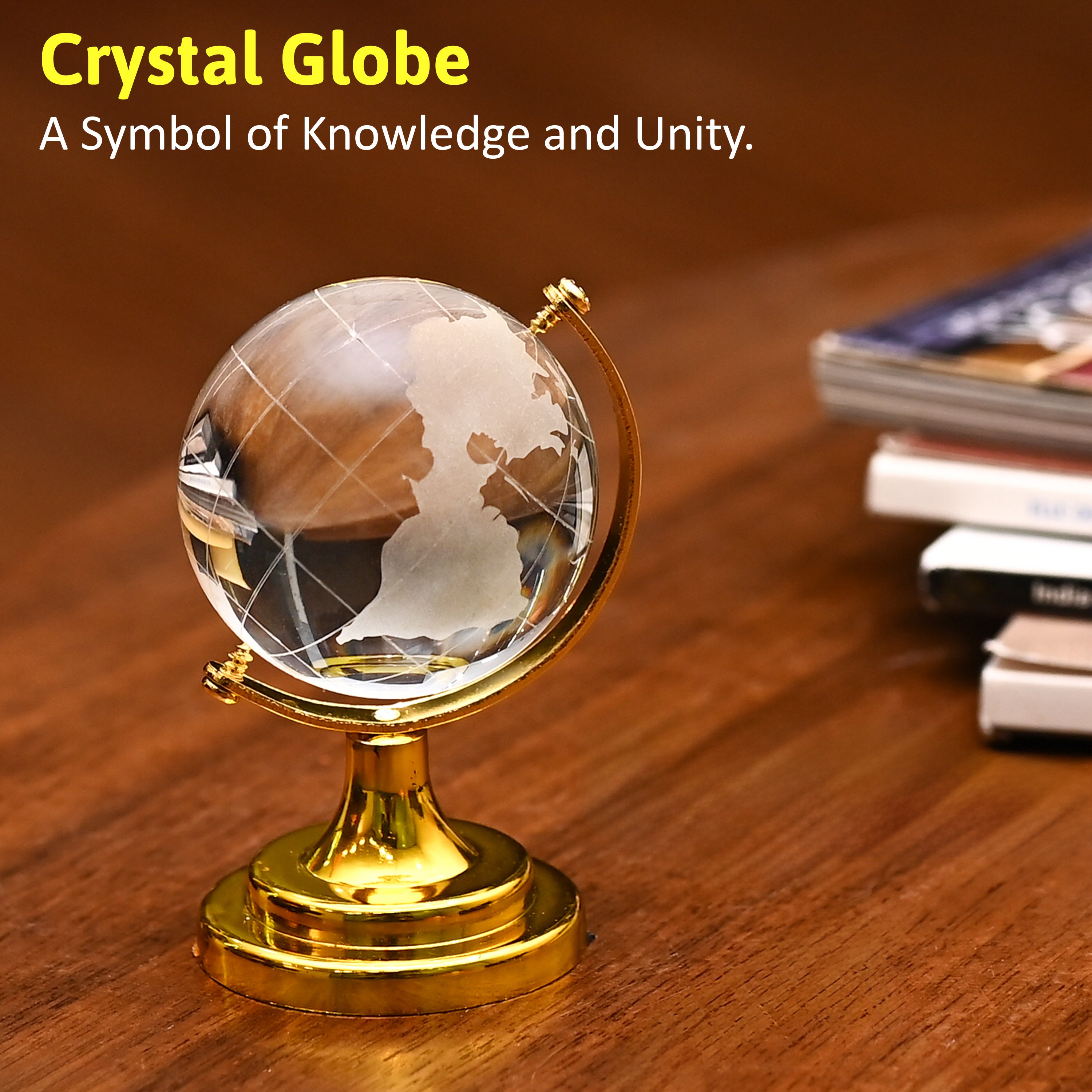 HindCraft Feng Shui Crystal Globe with Golden Stand for Home & Office Décor
