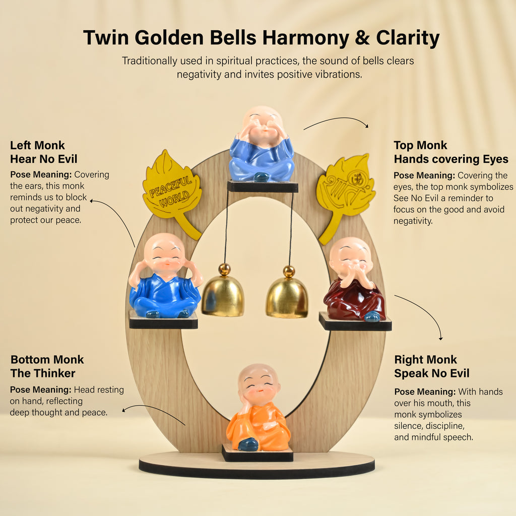 HindCraft 4 Monk Bell Tabletop Showpiece with Wooden Stand, Twin Hanging Bells for Home, Office & Spiritual Décor