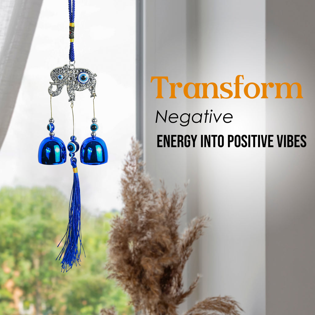 HindCraft Elephant Evil Eye Hanging with Blue Bells & Tassel | Turkish Nazar Wall & Door Decor