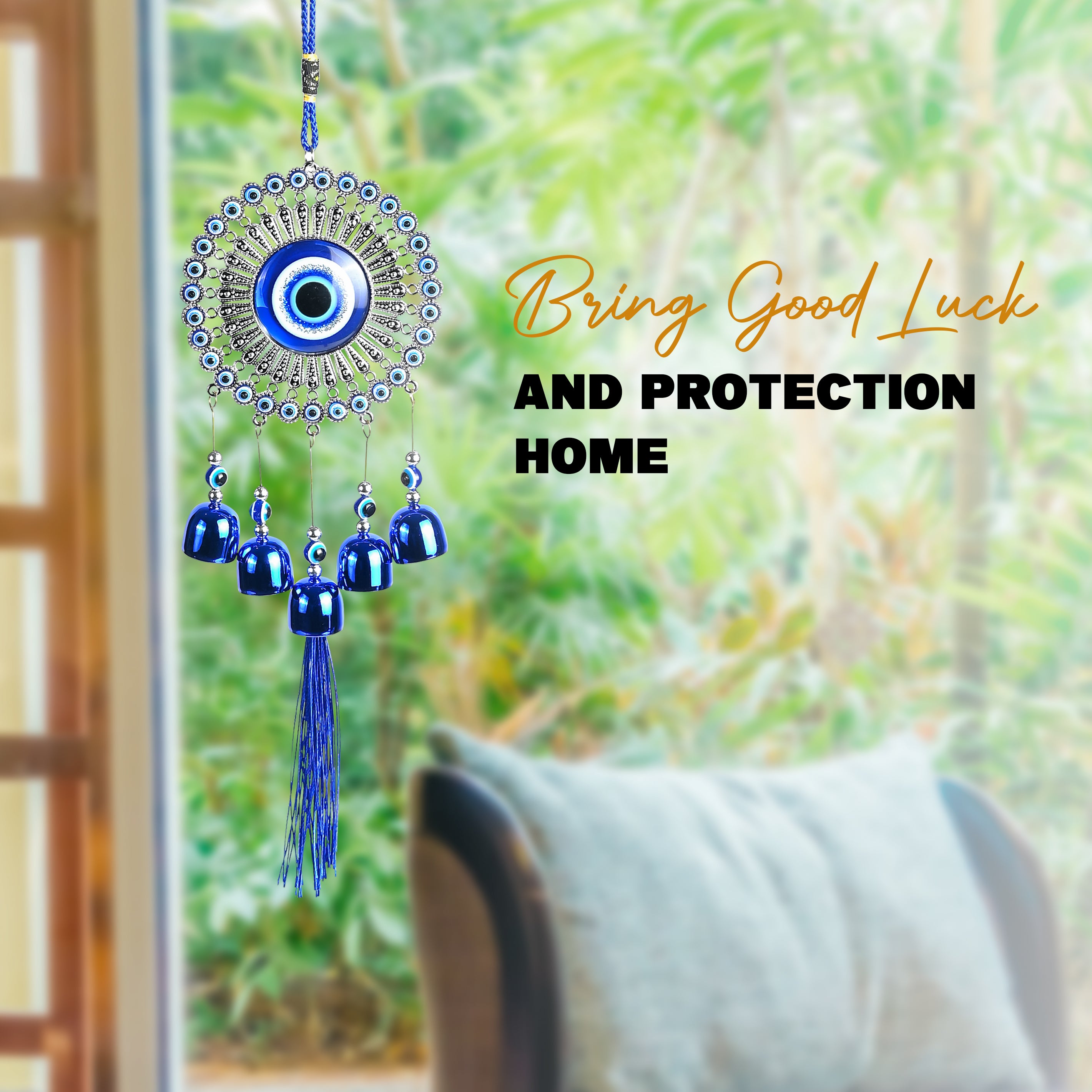 HindCraft Evil Eye Hanging Wall Decor with Blue Bells & Tassel | Turkish Nazar Protection Hanging Ornament for Home, Office, Door & Car