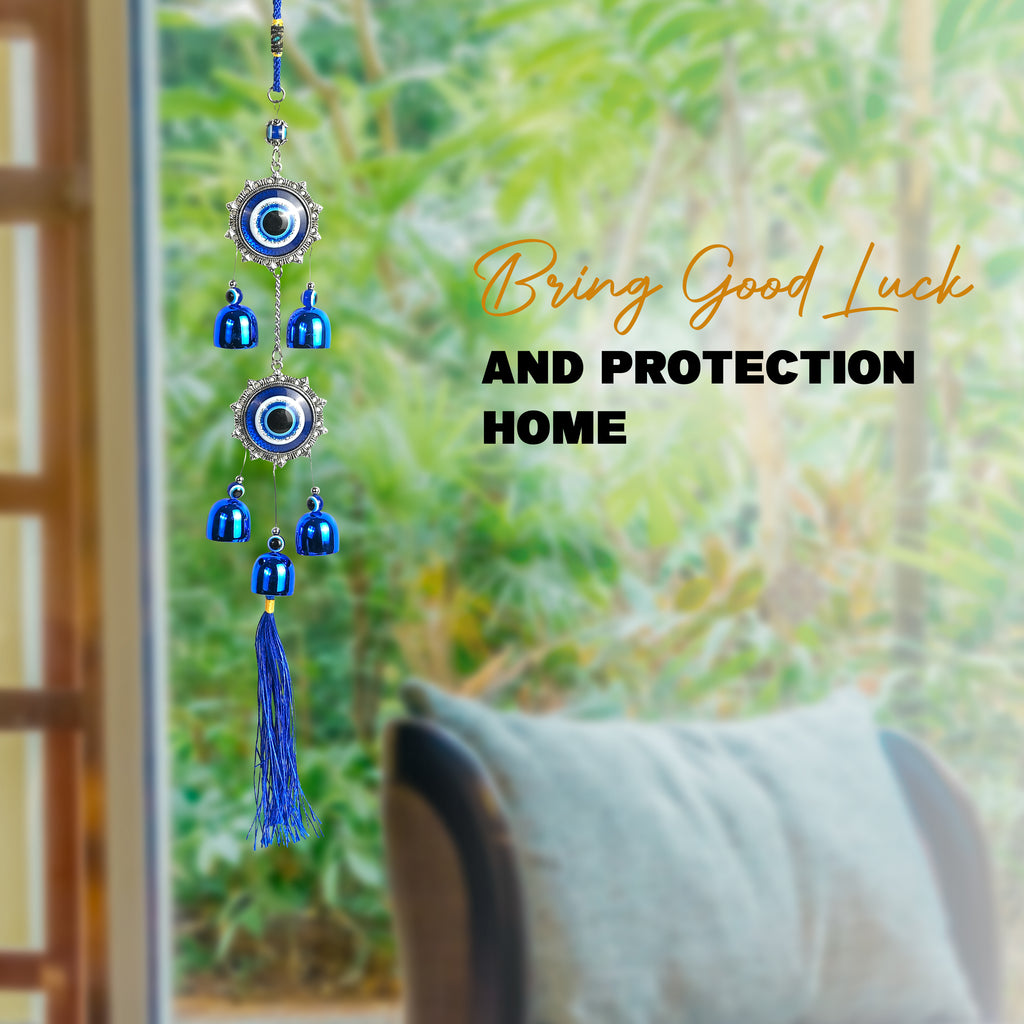 HindCraft Double Evil Eye Hanging with Blue Bells & Tassel | Turkish Nazar Wall & Door Decor