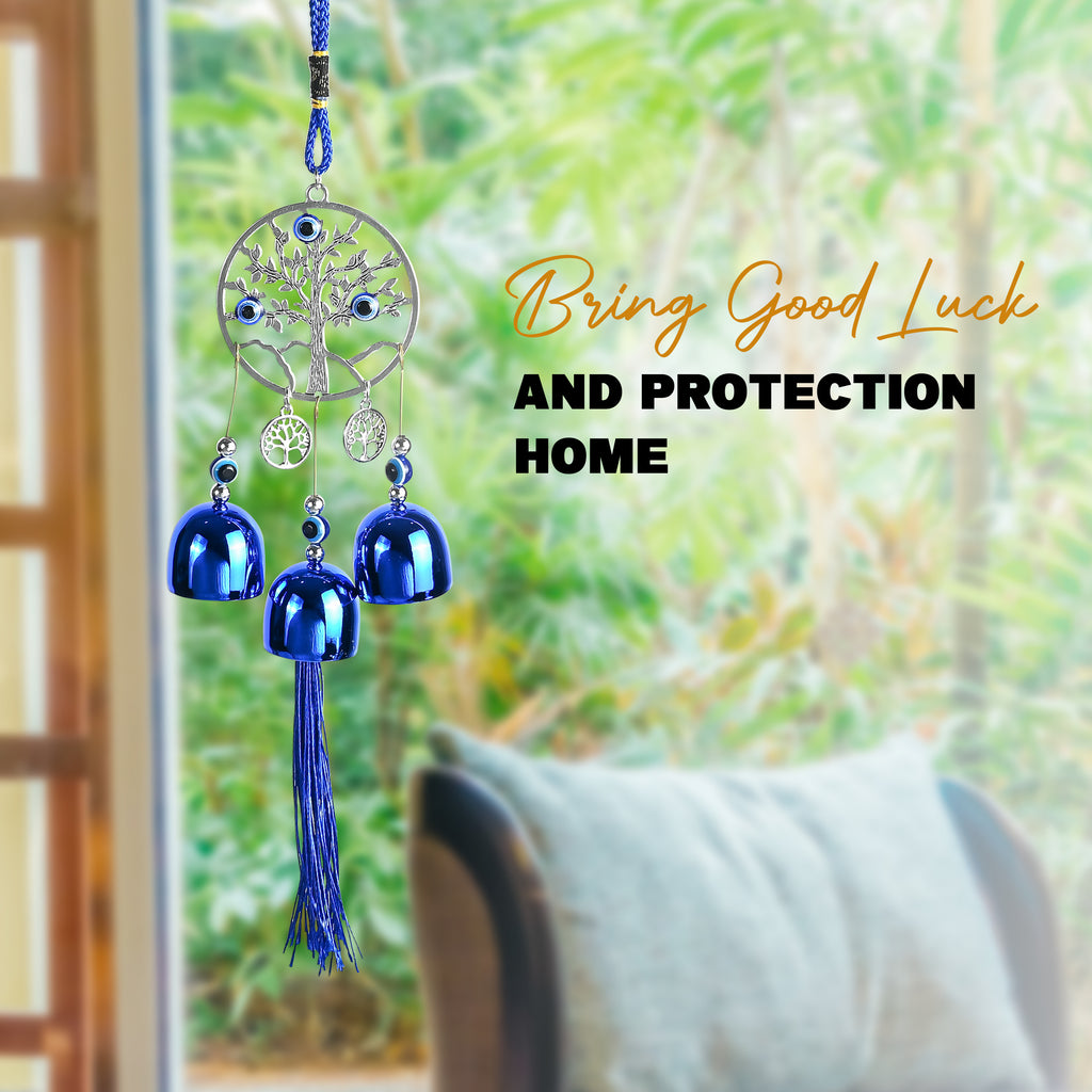 HindCraft Tree of Life Evil Eye Hanging with Blue Bells & Tassel | Turkish Nazar Wall & Door Decor