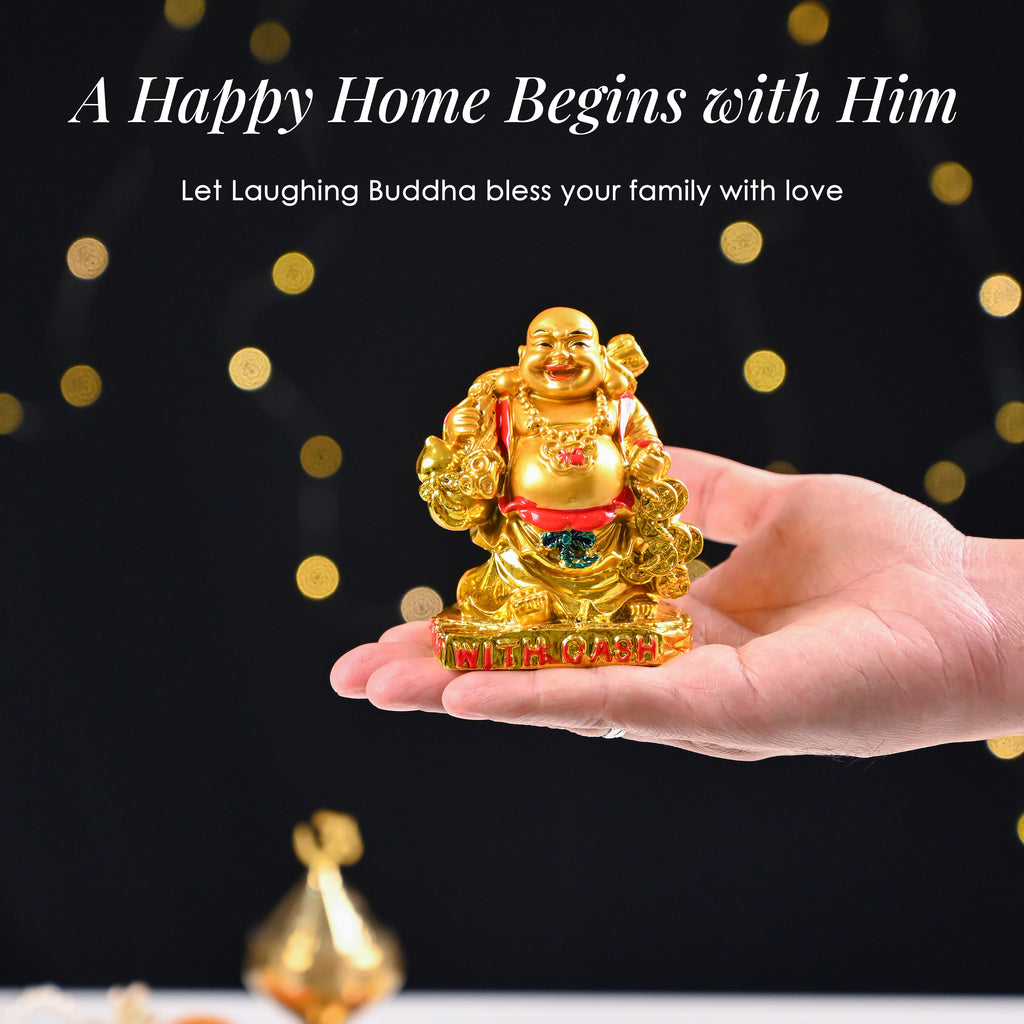 HindCraft Golden Laughing Buddha with Cash & Coins Showpiece for Home and Office Décor