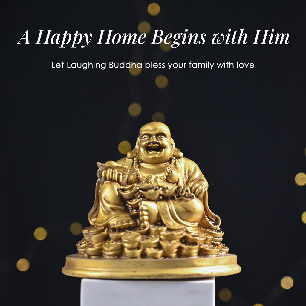 HindCraft Golden Laughing Buddha Idol with Wealth Pot for Home, Office & Table Décor