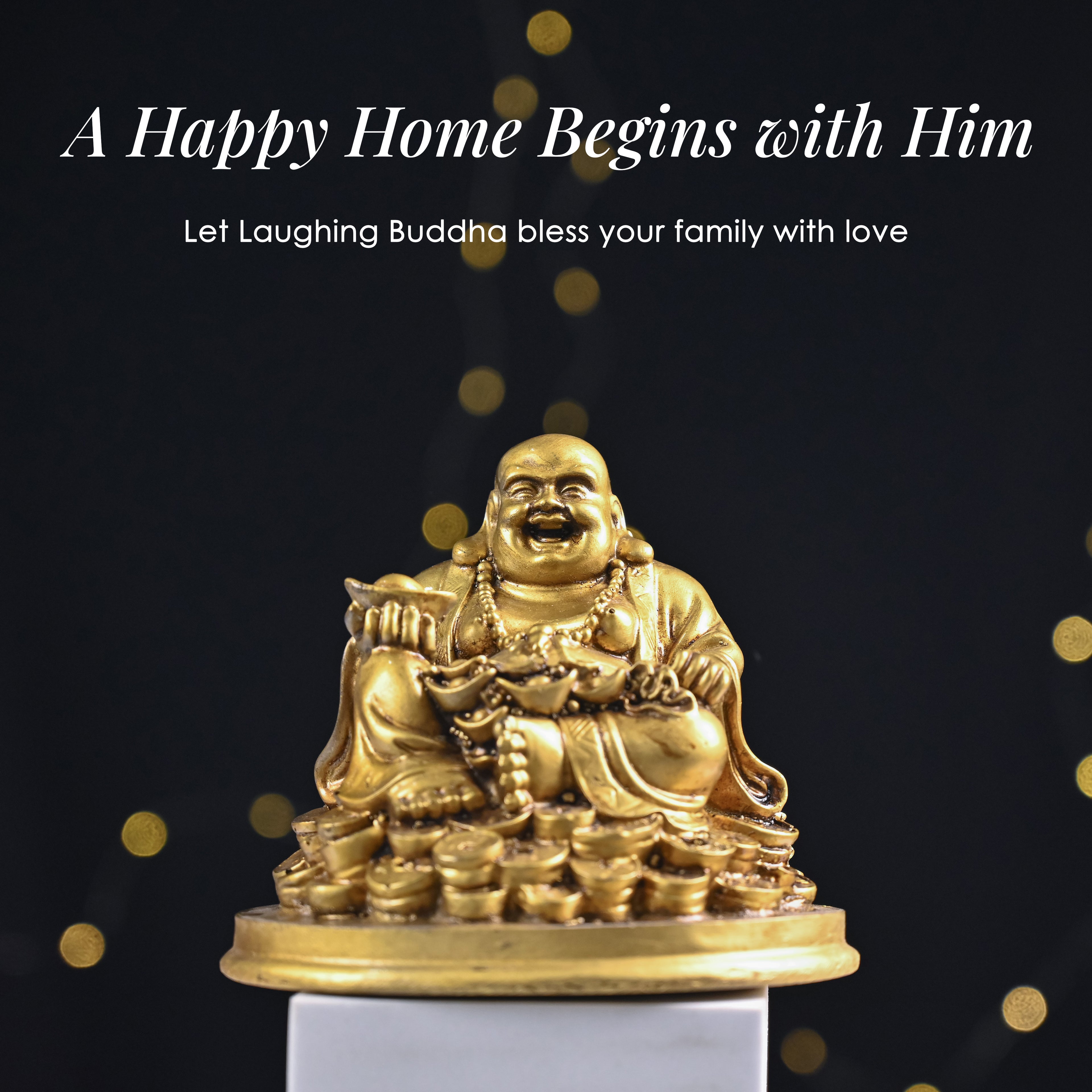HindCraft Golden Laughing Buddha Idol with Wealth Pot for Home, Office & Table Décor