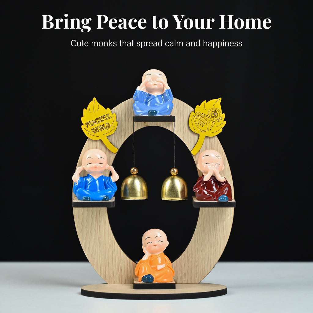HindCraft 4 Monk Bell Tabletop Showpiece with Wooden Stand, Twin Hanging Bells for Home, Office & Spiritual Décor