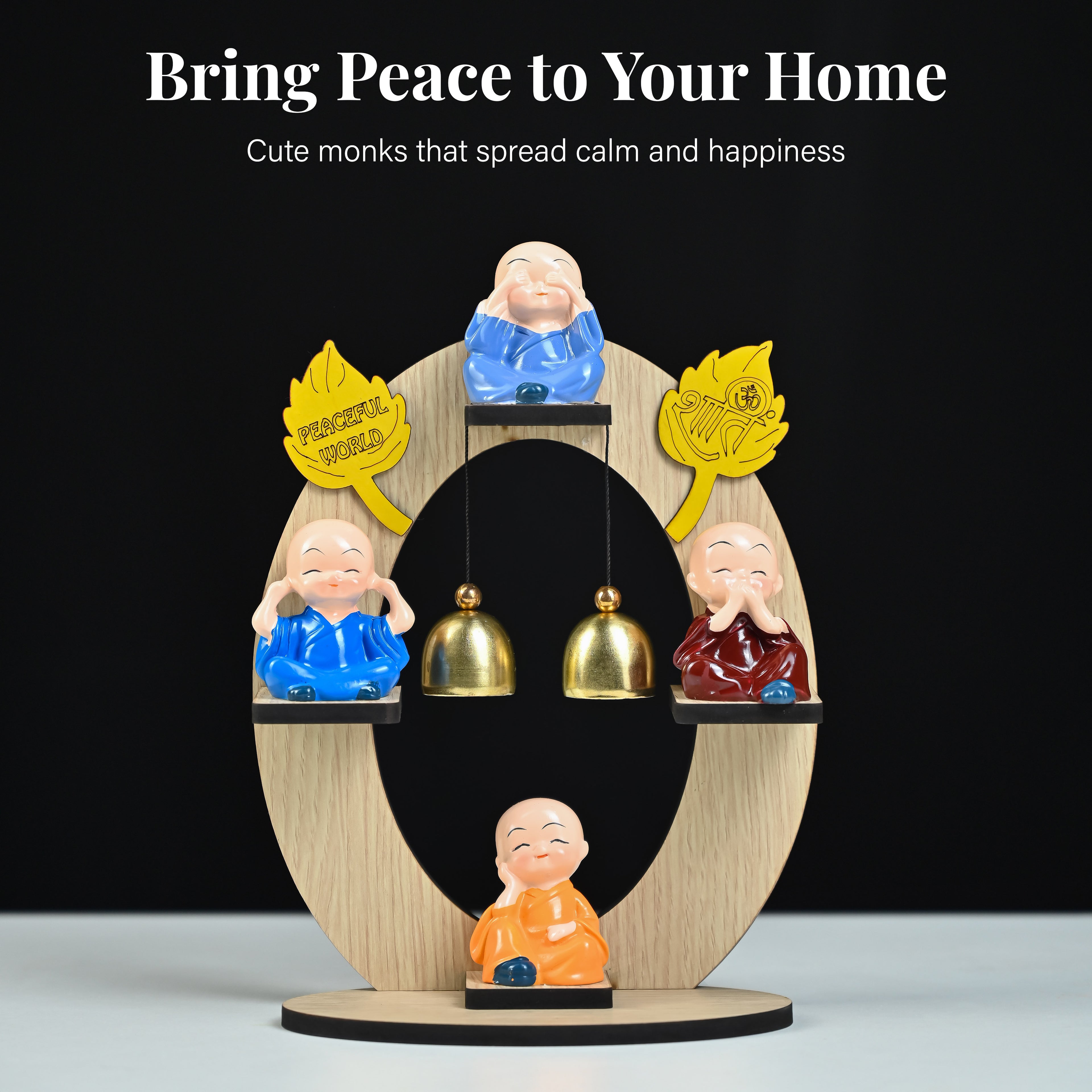 HindCraft 4 Monk Bell Tabletop Showpiece with Wooden Stand, Twin Hanging Bells for Home, Office & Spiritual Décor