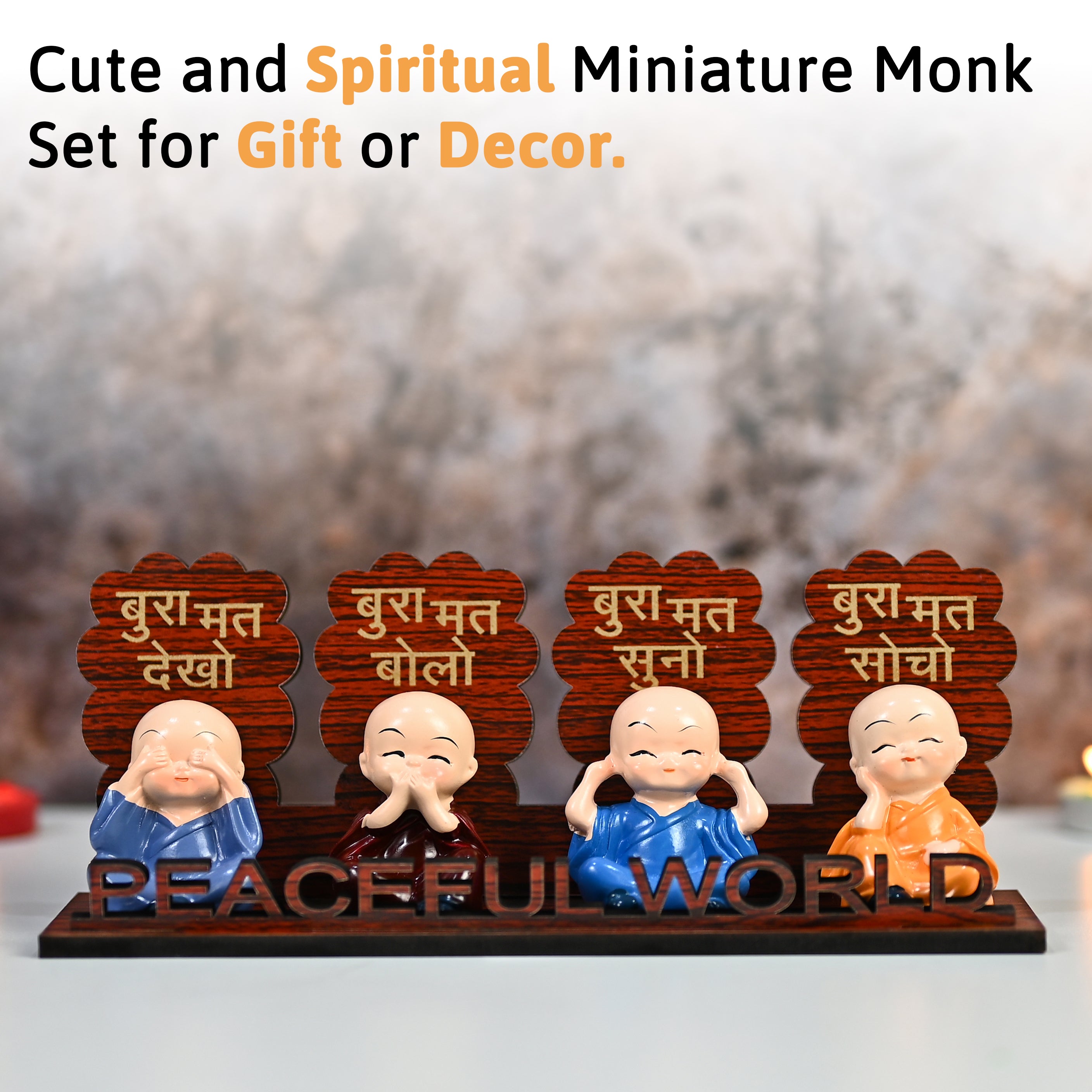 HindCraft Peaceful World Four Monk Showpiece with Hindi Quotes for Home Décor