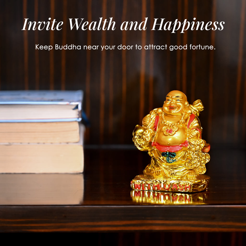 HindCraft Golden Laughing Buddha with Cash & Coins Showpiece for Home and Office Décor