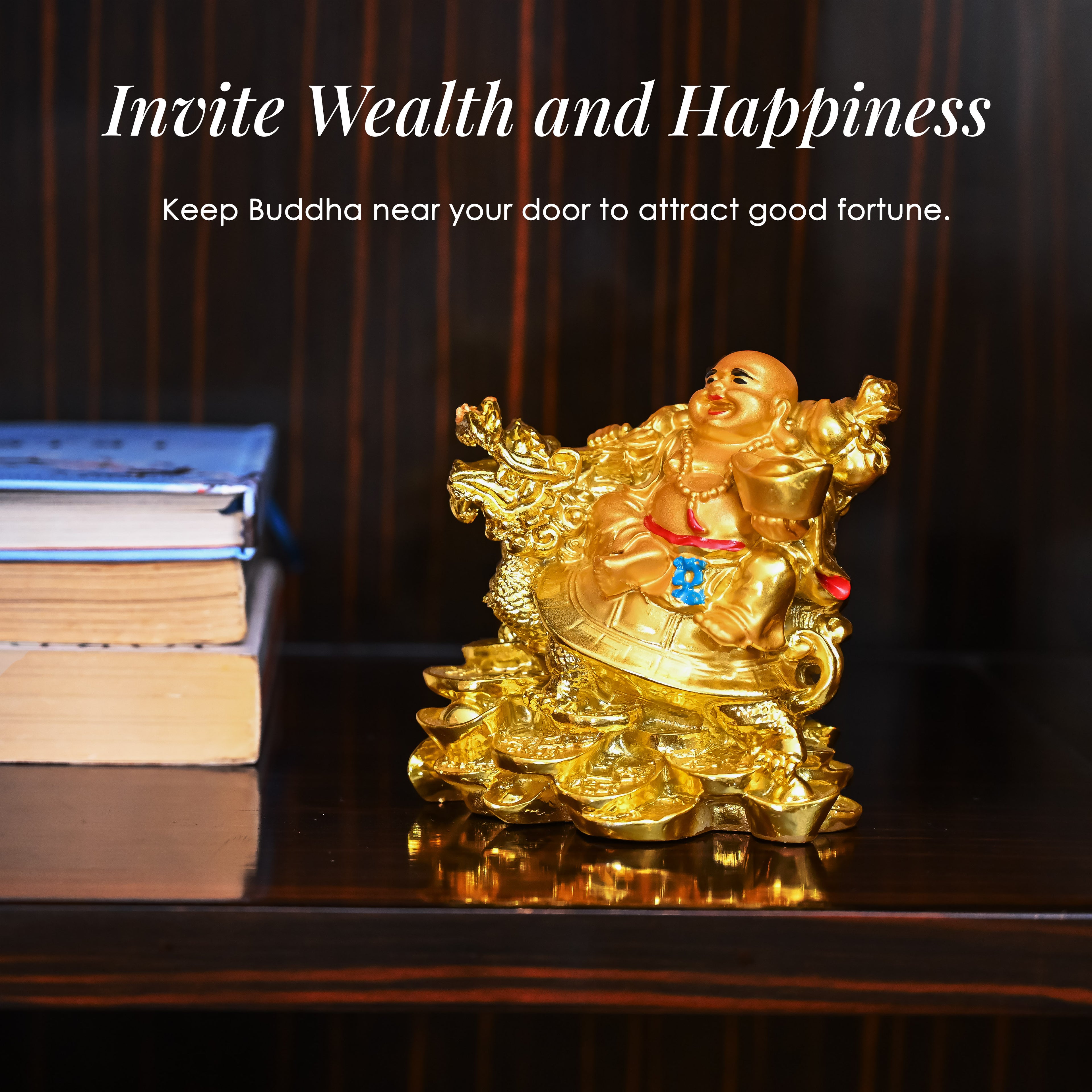HindCraft Golden Laughing Buddha on Dragon Turtle Showpiece for Home, Office & Wealth Décor